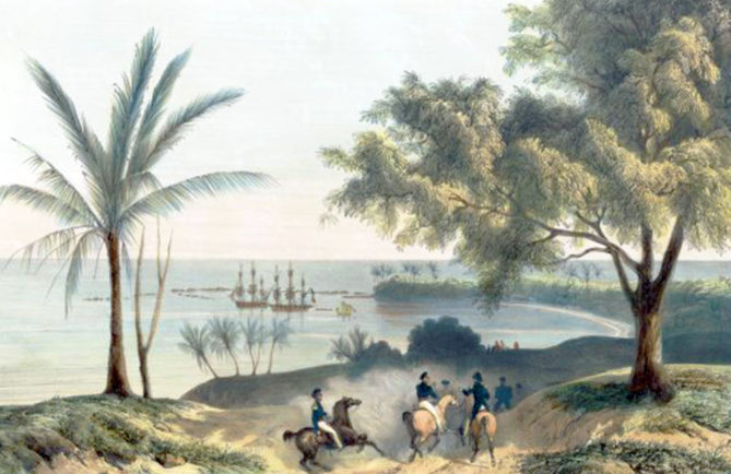 La baie de Matavai vue du col du Tahara'a en 1792. Aquarelle de George Tobin