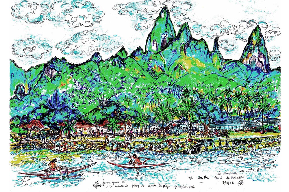 Illustration Yvette Birnie. 7 sept 2005. Baie de Hakahau à Ua Pou