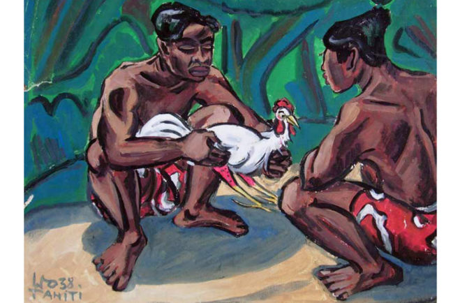 Combat de coqs - Illustration Wolgang Wolff - Tahiti 1938