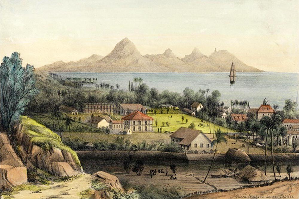 Papeete avec l'île de Moorea au loin, vue de la station de sémaphore.1848. Lithographie de Shipley Conway