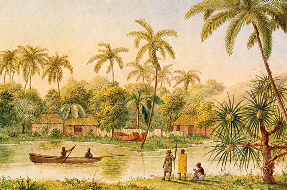 Village of Matavae, Tahiti, illustration from ''Voyage autour du Monde sur la Corvette Coquille